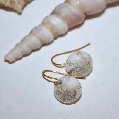 Cream  & gold engraved drop earrings