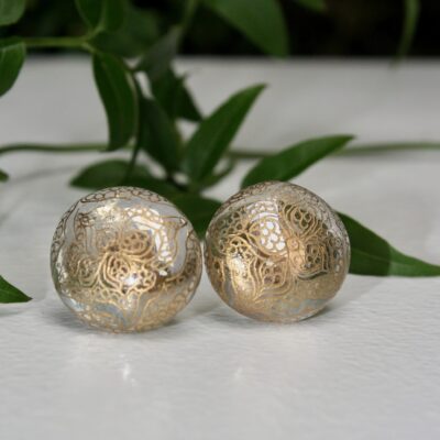 Hand Engraved Clear & Gold large stud earrings