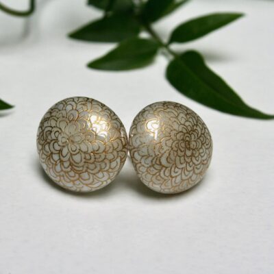 Hand Engraved Cream & Gold large stud earrings