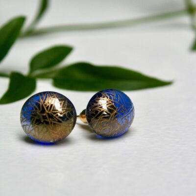 Hand Engraved Blue & Gold stud earrings
