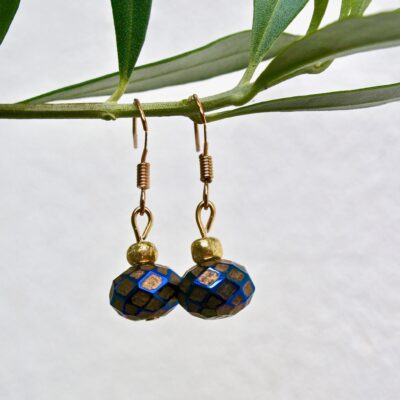 Hand Engraved Opulent blue & gold drop earrings