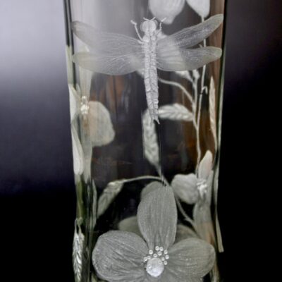 unique Hand Engraved Clear Glass Vase -  Dragonfly & Wildflowers