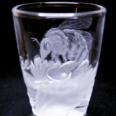 Elaborate Hand engraved shot glass (Bee Kind)