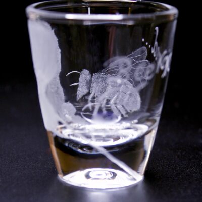 Elaborate Hand engraved shot glass (Bee Kind)