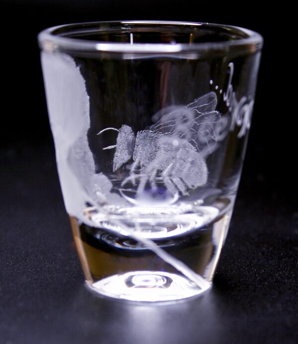 Elaborate Hand engraved shot glass (Bee Kind)