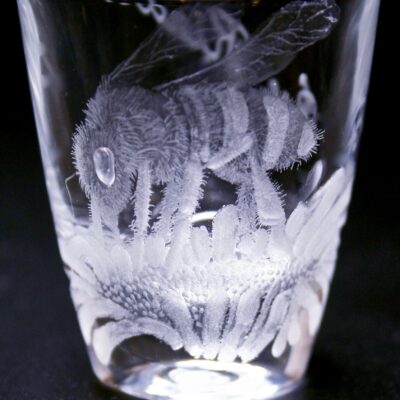 Elaborate Hand engraved shot glass (Bee Kind)