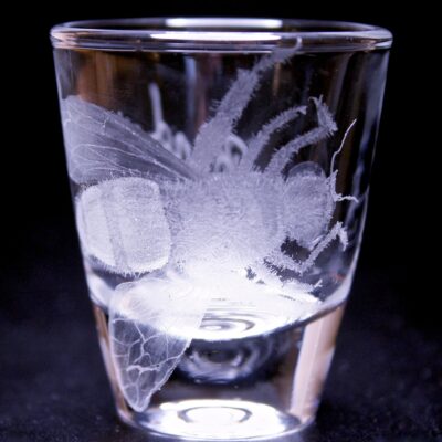 Elaborate Hand engraved shot glass (Bee Kind)