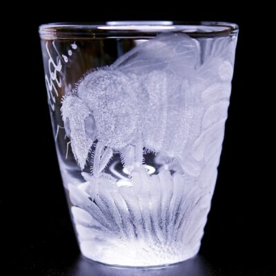 Elaborate Hand engraved shot glass (Bee Kind)