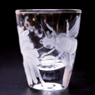 Elaborate Hand engraved shot glass (Bee Kind)