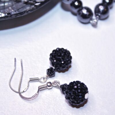 Shamballa & bicone black drop earrings