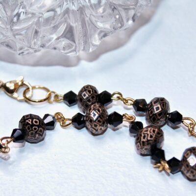 Hand Engraved Opulent black crystal bracelet (Gold)