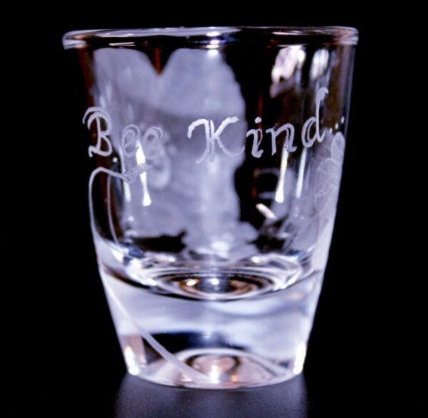 Elaborate Hand engraved shot glass (Bee Kind) - Image 3