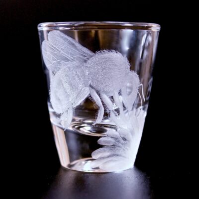 Elaborate Hand engraved shot glass (Bee Kind)