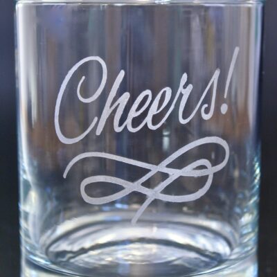 Rocks Tumbler (Tempered glass) 330ml - Etched in silver ("Cheers")