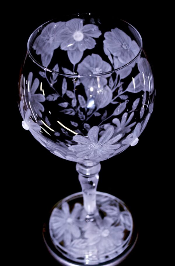 Unique Hand Engraved Gin Glass 650ml with embellished flowers - Image 4